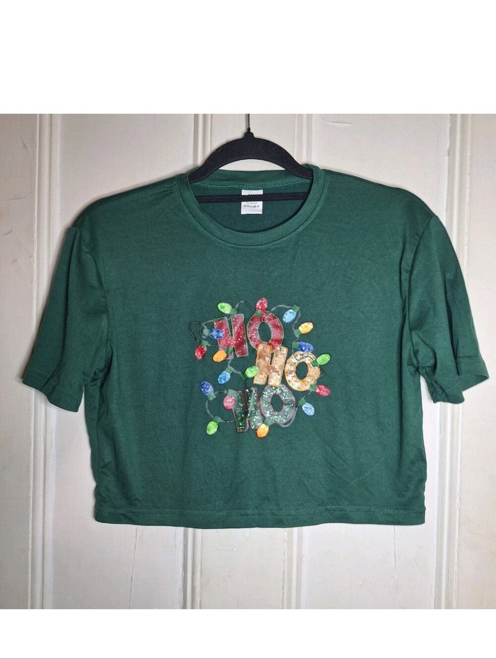 Green Christmas Ultra Cropped T-Shirt Sz XL Graphic Print Ho Ho Ho Holiday Tee